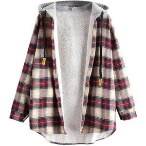 Plaid Fleece Lined Hooded Jacket Button Up Oversized Fuzzy Coat Checkered